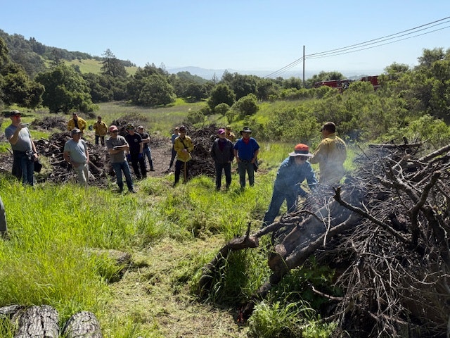 A group of people in a grassy area is gathered around a burning pile of brush, demonstrating fire management techniques.
