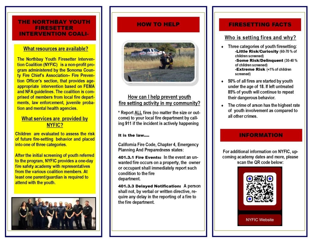 Tri-fold brochure on youth fire-setting intervention, prevention tips, and arson facts. Includes QR code for more information.