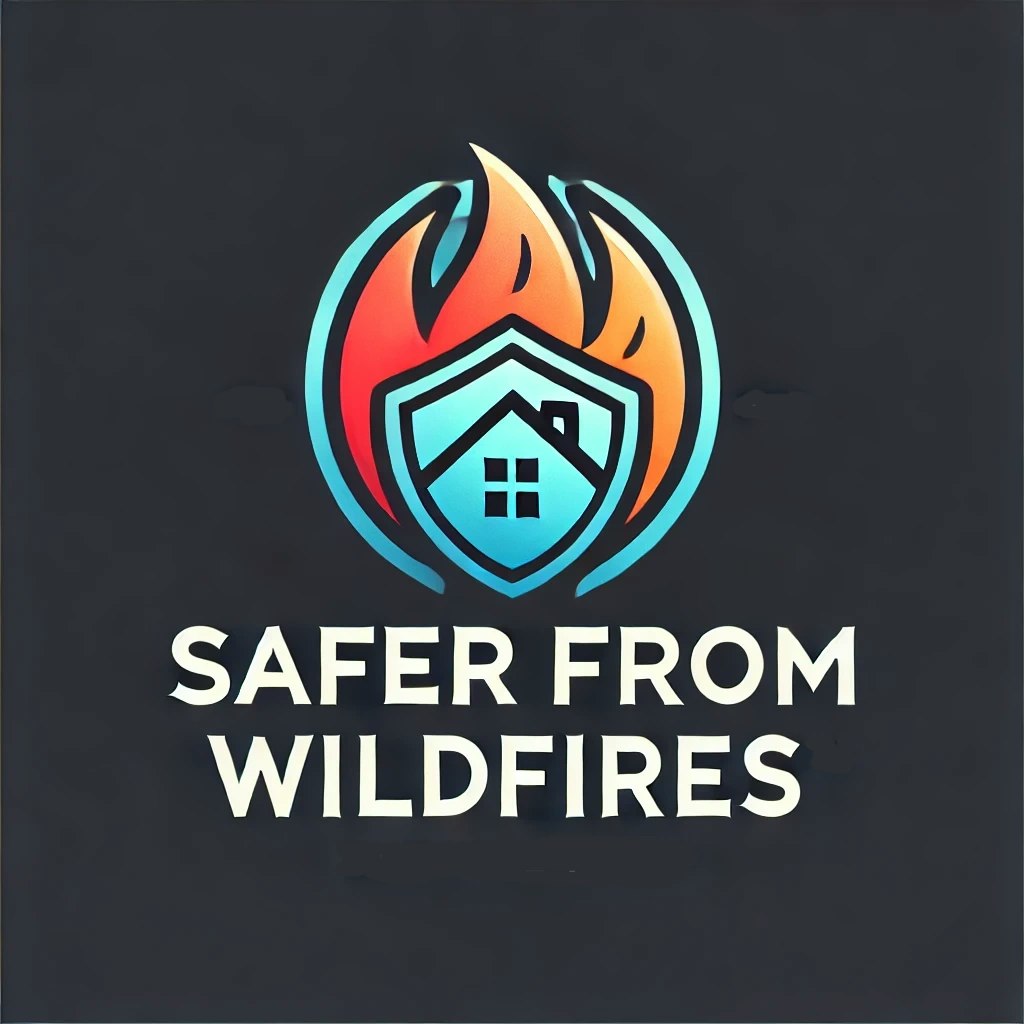 Logo with a flame, shield & house, text "SAFER FROM WILDFIRES."