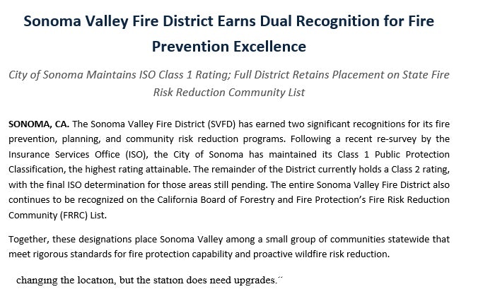 Sonoma Valley Fire District earns dual recognition for fire prevention excellence, maintaining high ratings and state listing.