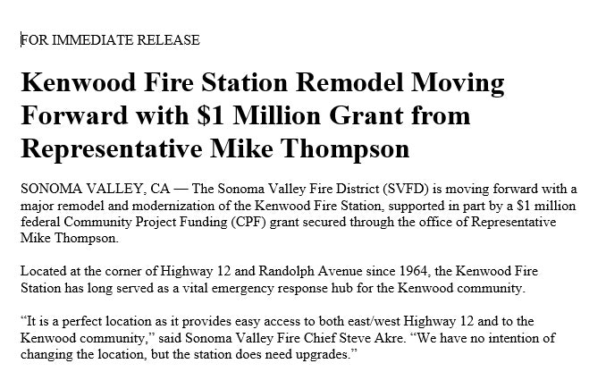 The Kenwood Fire Station is set for a remodel with a $1 million grant from Rep. Mike Thompson to upgrade its facilities.