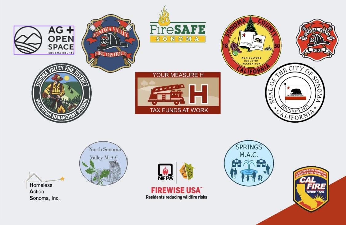 The image features various logos related to fire safety, community organizations, and measures in Sonoma County.
