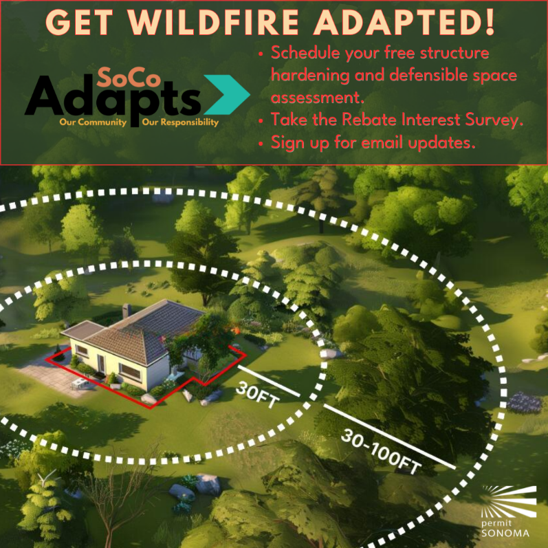 Graphic about wildfire adaptation, showing defensible space zones around a house, with tips and a call to action.