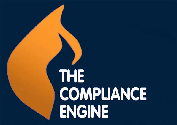 The image features a logo for "The Compliance Engine," with a stylized flame icon and text in white against a dark background.