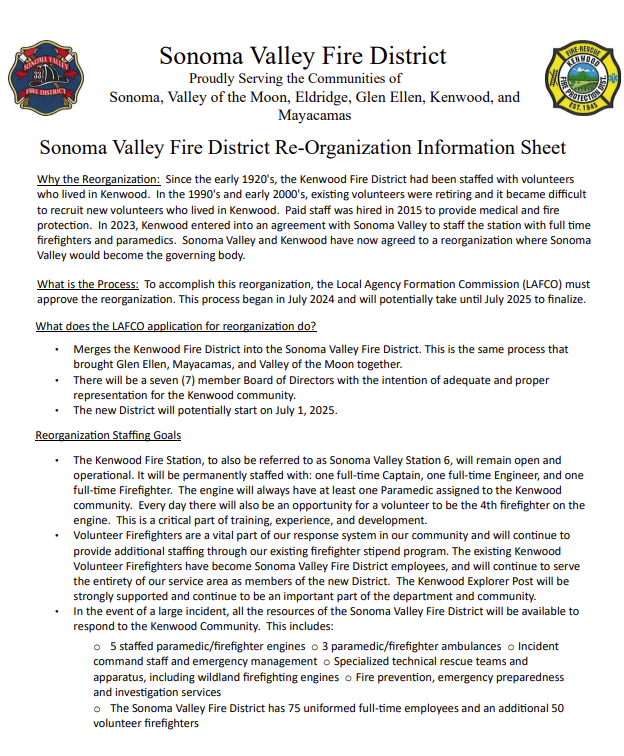 Information sheet about Sonoma Valley Fire District's reorganization, including staffing goals and merger details.