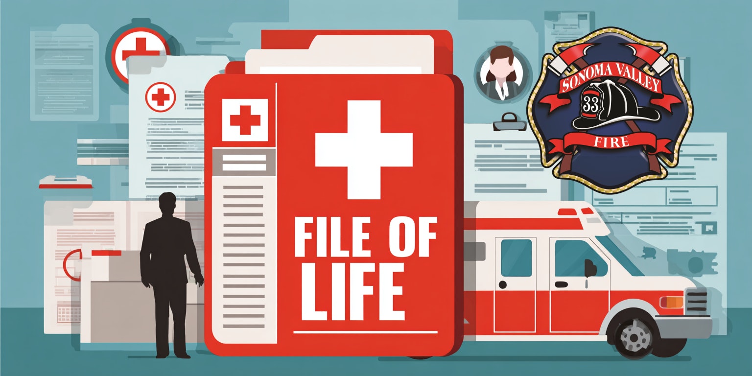 Red "File of Life" folder, medical and fire documents, ambulance, Sonoma Valley Fire logo, and silhouette of a person.