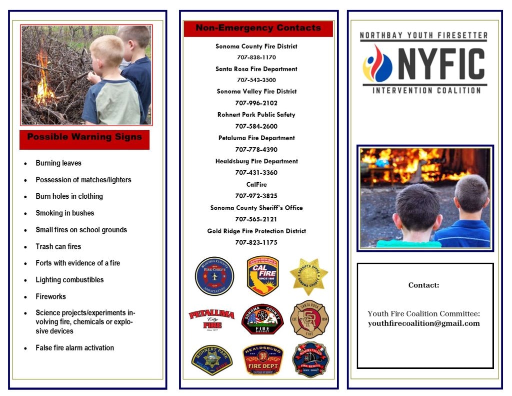 A flyer on youth fire safety, warning signs, emergency contacts, and a Youth Fire Coalition logo.
