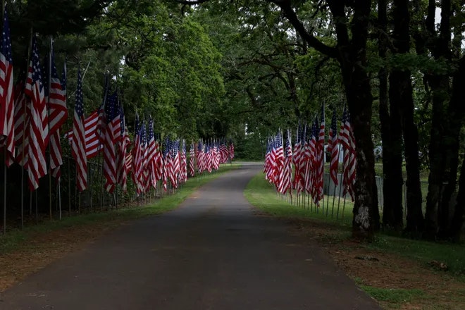 A tree-lined road with multiple American flags on both sides.