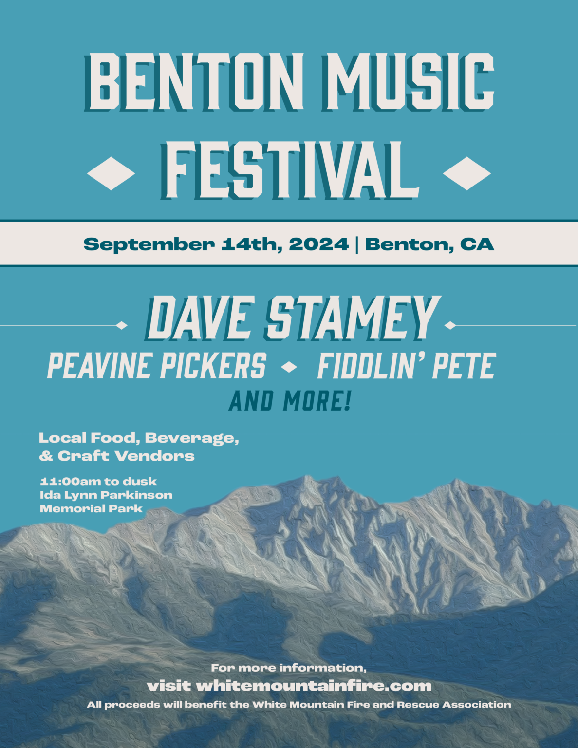 A poster for Benton Music Festival on Sep 14th, 2024, featuring artists, local vendors, and benefiting a rescue association.