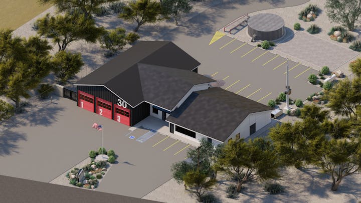 Aerial view of a fire station with three red garage doors numbered 1-3, parking lot, flagpole, and surrounding trees.