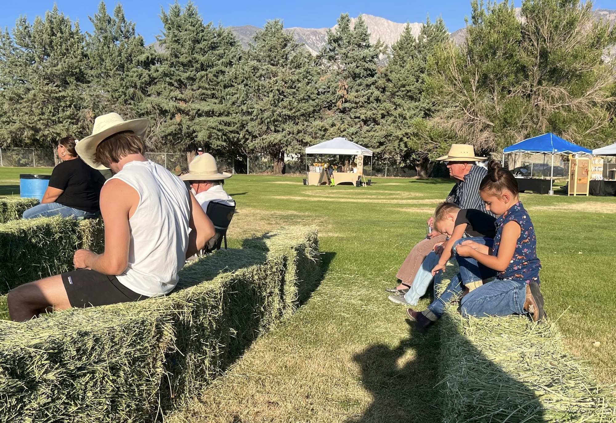 People sitting on hay bales in a park with trees and a mountain backdrop.