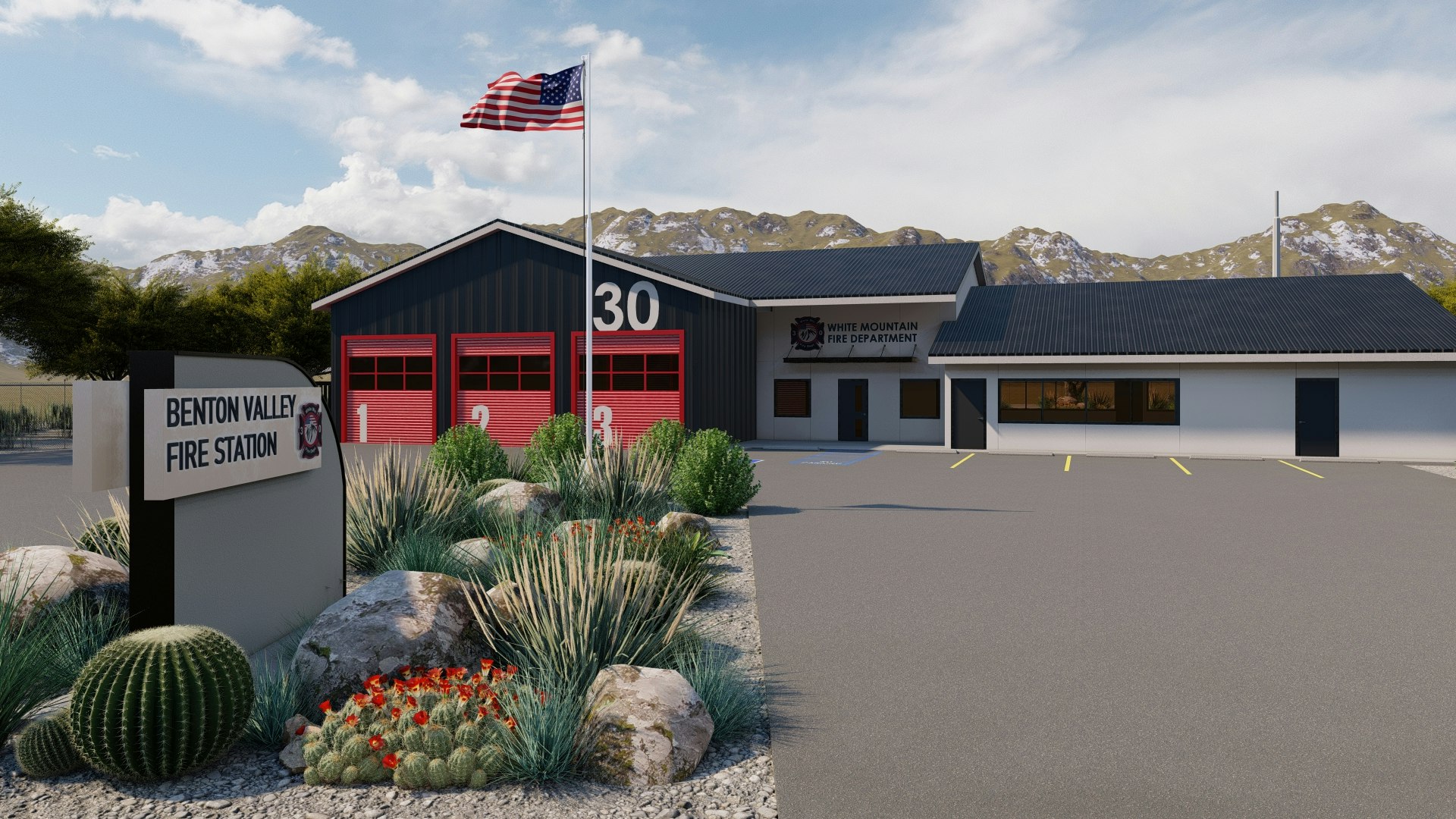 A fire station with red doors, sign for Benton Valley, American flag, cacti, mountains in the background, and parking spaces.