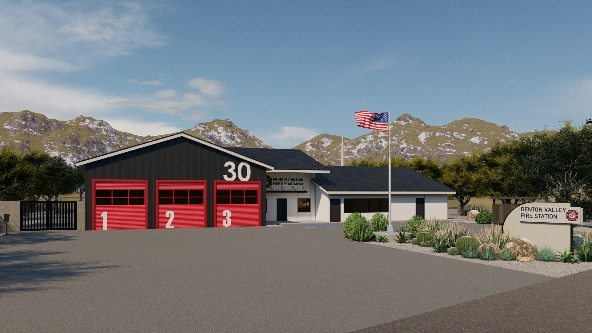 Fire station with red doors, "White Mountain Fire Department," American flag, mountains in background. Sign: "Benton Valley Fire Station."