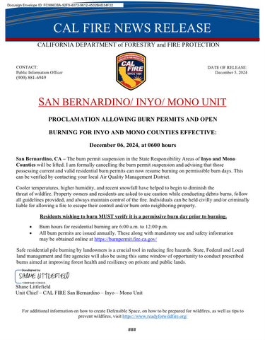 CAL FIRE news release about burn permits and open burning in Inyo and Mono counties effective December 6, 2024.
