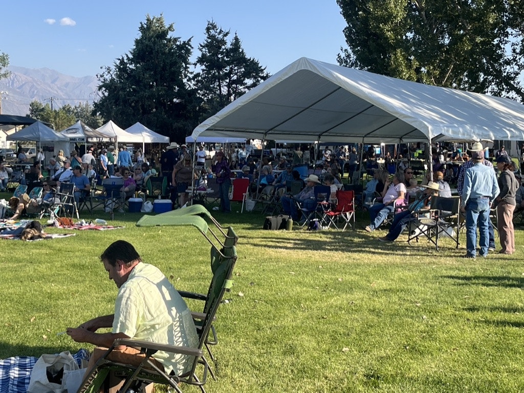 An outdoor gathering with people under tents, some seated on chairs and blankets, with mountains in the background.