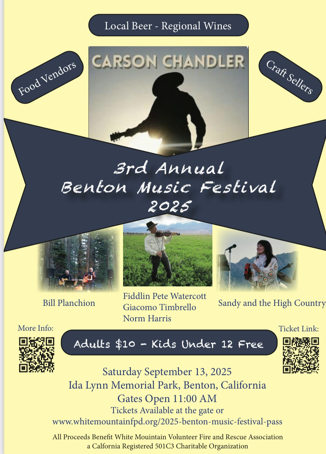 3rd Annual Benton Music Festival 2025, local beer, vendors, $10. Featuring Carson Chandler, Bill Planchion, Fiddlin Pete. Sep 13, Benton, CA.