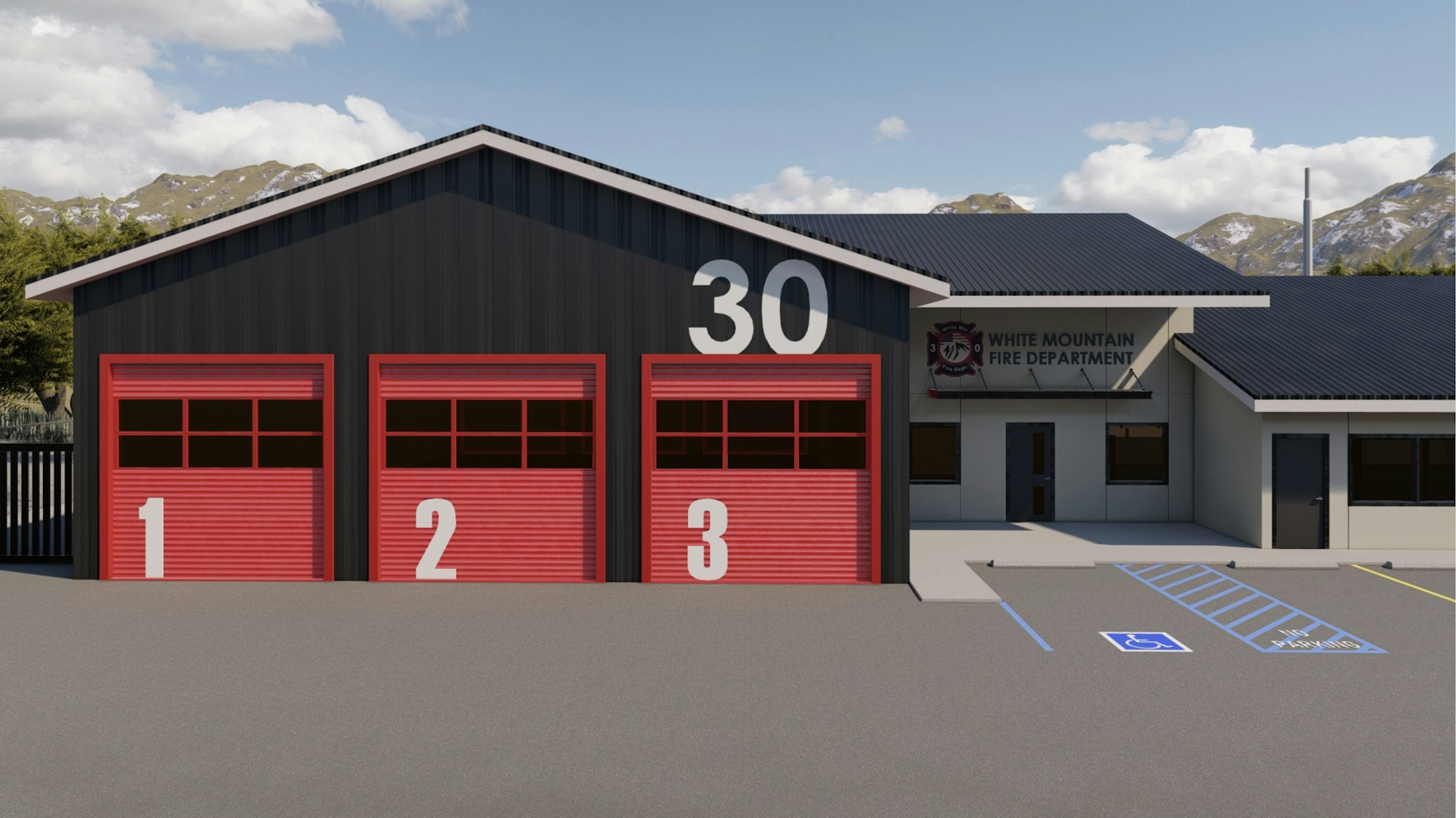 A fire department building with three red garage doors numbered 1-3, and a sign reading "White Mountain Fire Department."