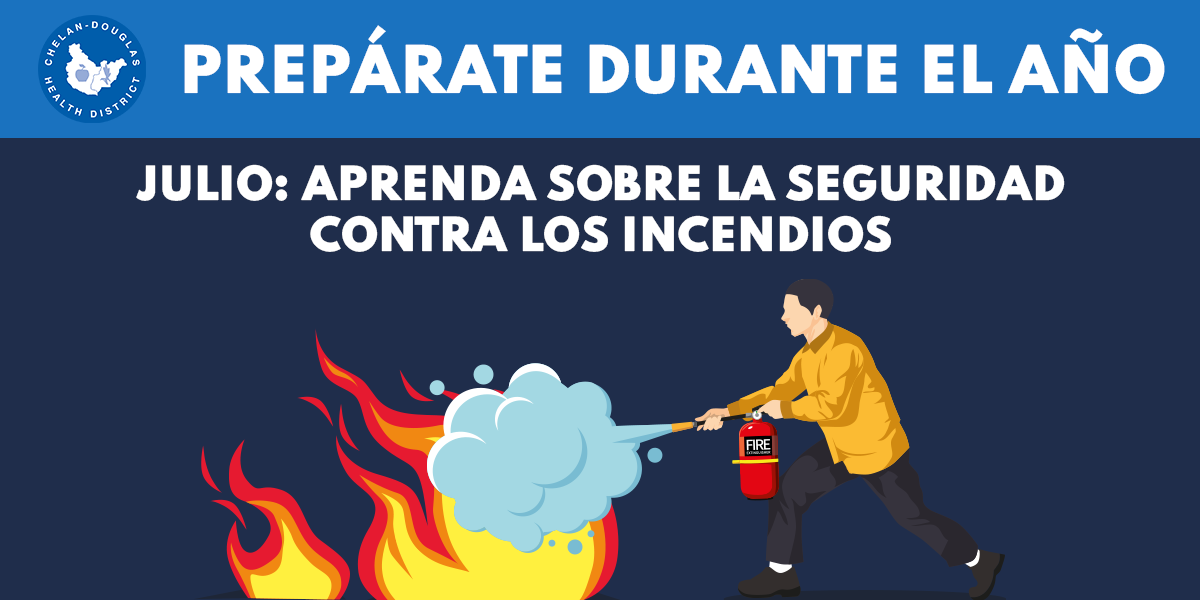 The image promotes fire safety education for July, encouraging people to learn about fire prevention.