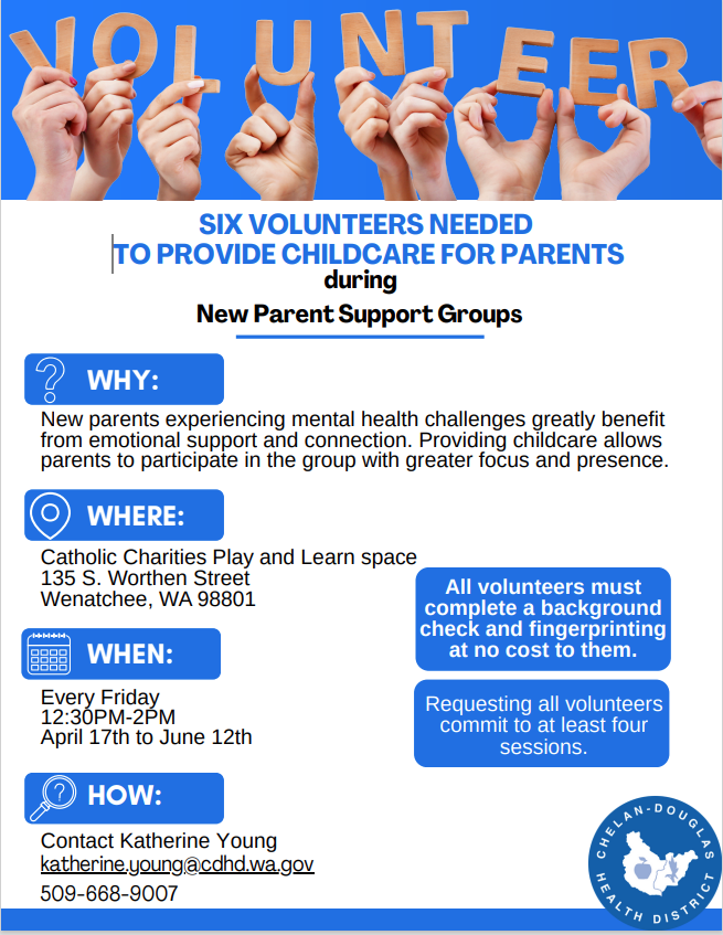 Volunteers needed for childcare during New Parent Support Groups in Wenatchee, WA. Fridays, noon to 2 PM, April-June.