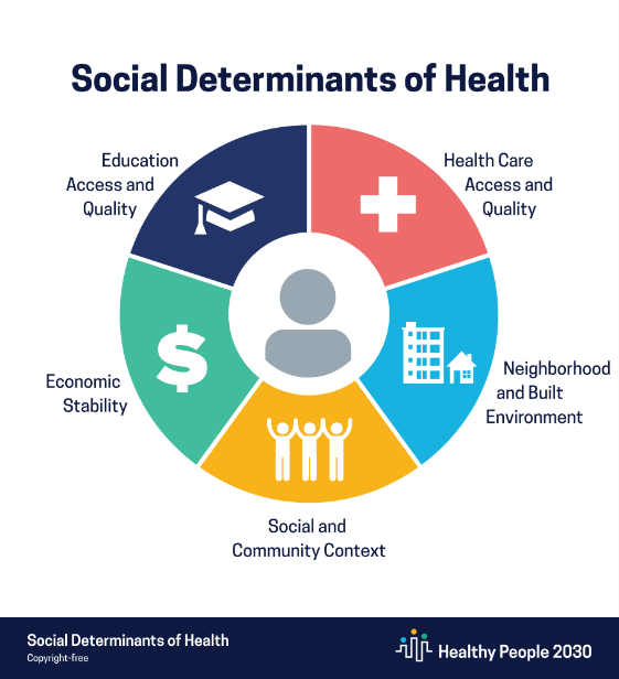The image outlines the social determinants of health: Education, Health Care, Economic Stability, Neighborhood, and Social Context.