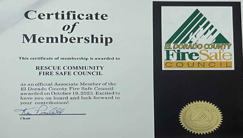 A membership certificate for the El Dorado County Fire Safe Council, dated October 19, 2023.