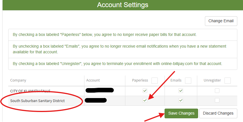 Account settings screen for online-billpay.com, with options for paperless, email alerts, and unregister. "Save Changes" button highlighted.