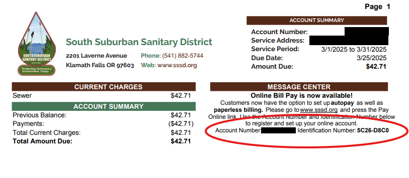Sanitary district bill summary: $42.71 due for sewer services. Includes account details and online bill pay options.