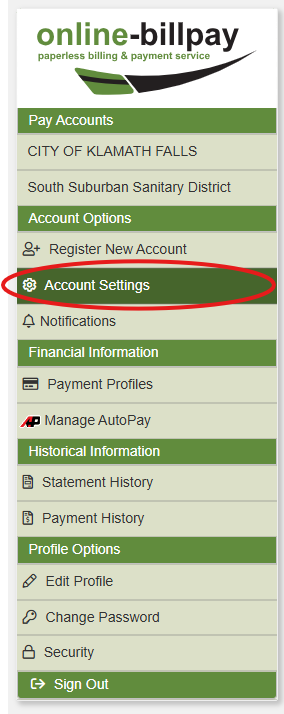 Online bill pay menu with options for account management, payment, financial, and profile settings.