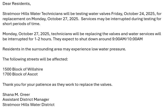 Notice of water valve testing and replacement affecting Willshire and Ascot streets in Stratmoor Hills on October 24-27, 2025.