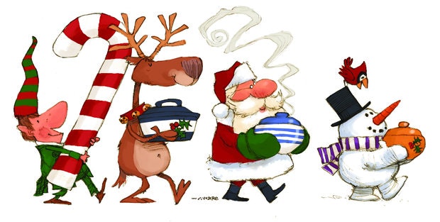 Elf, reindeer, Santa, and snowman with a bird each carrying pots.