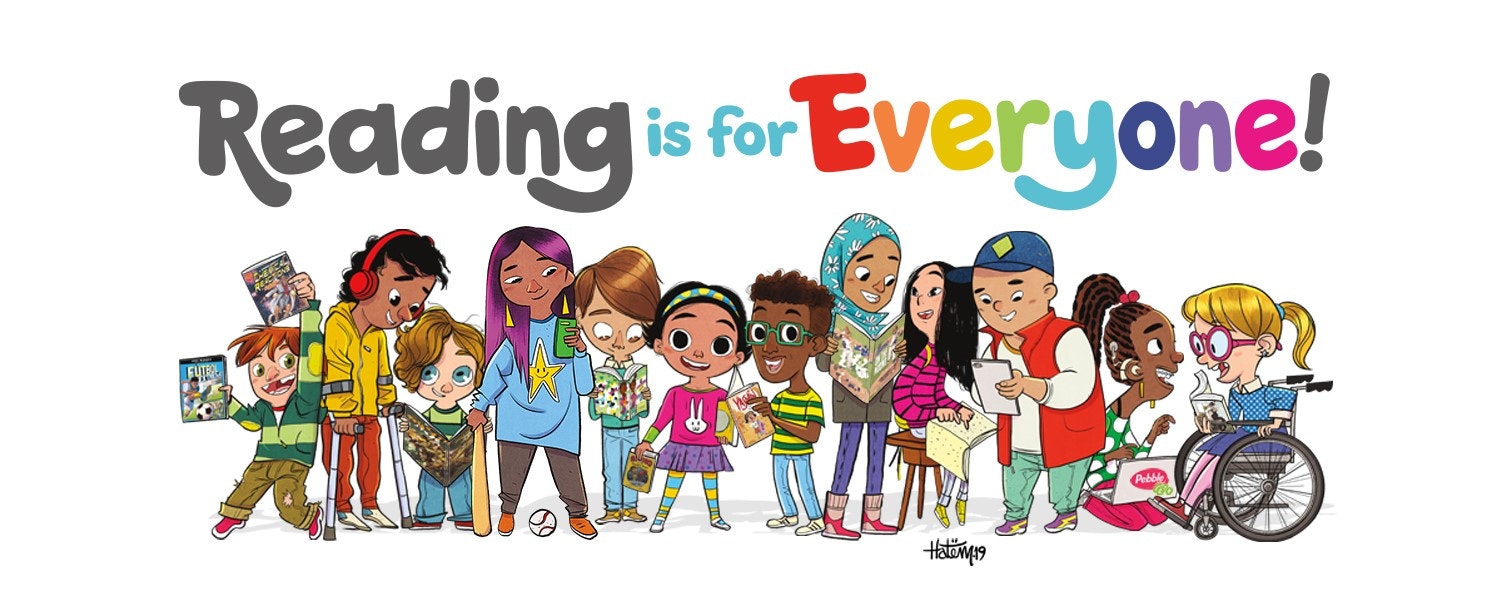 Diverse group of children reading books under the text "Reading is for Everyone!"
