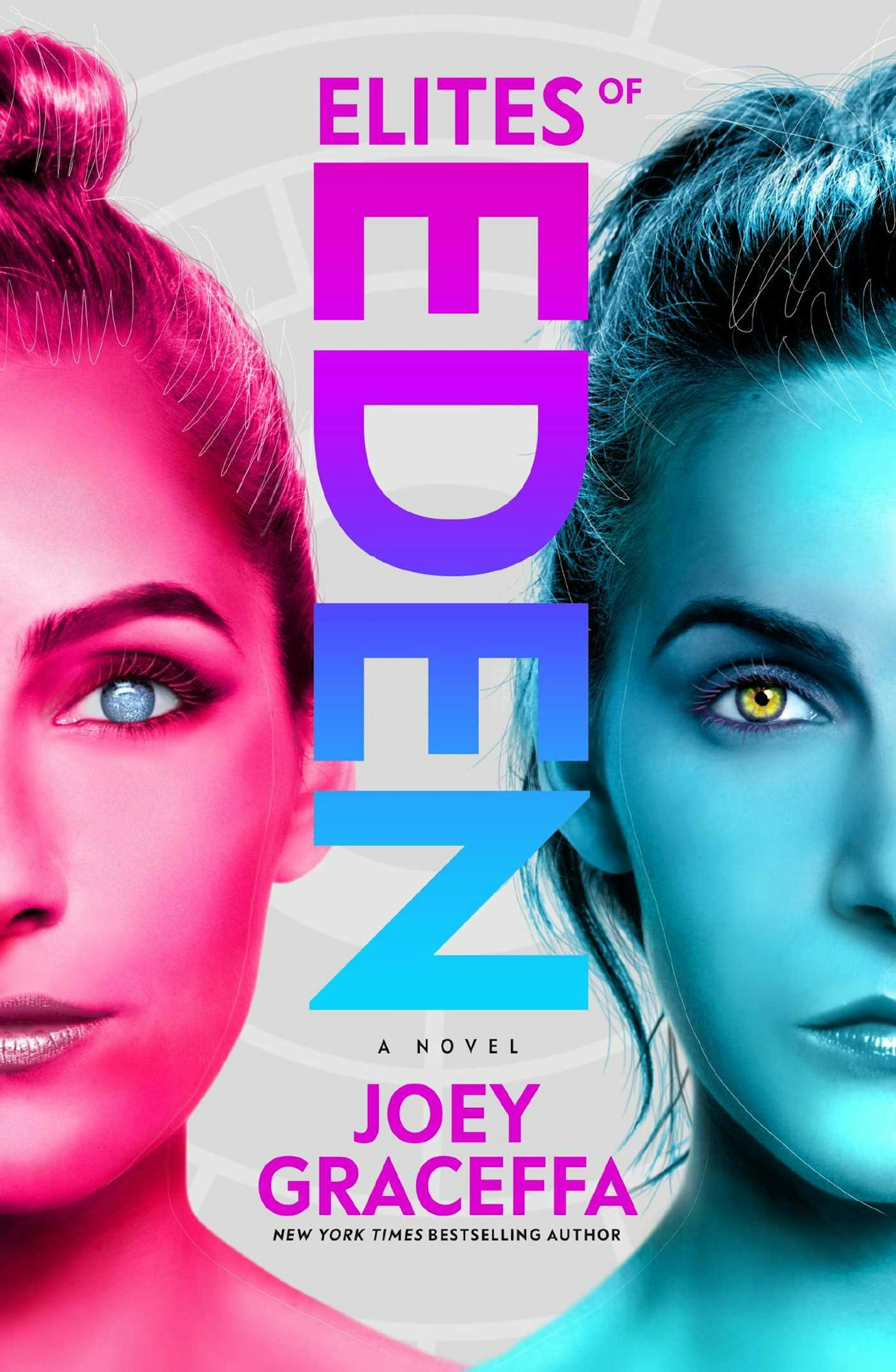 Book cover: "Elites of Eden" by Joey Graceffa, featuring two faces in pink and blue tones.