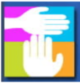 Two white hands overlapping on a colorful, divided background of pink, blue, green, and orange.