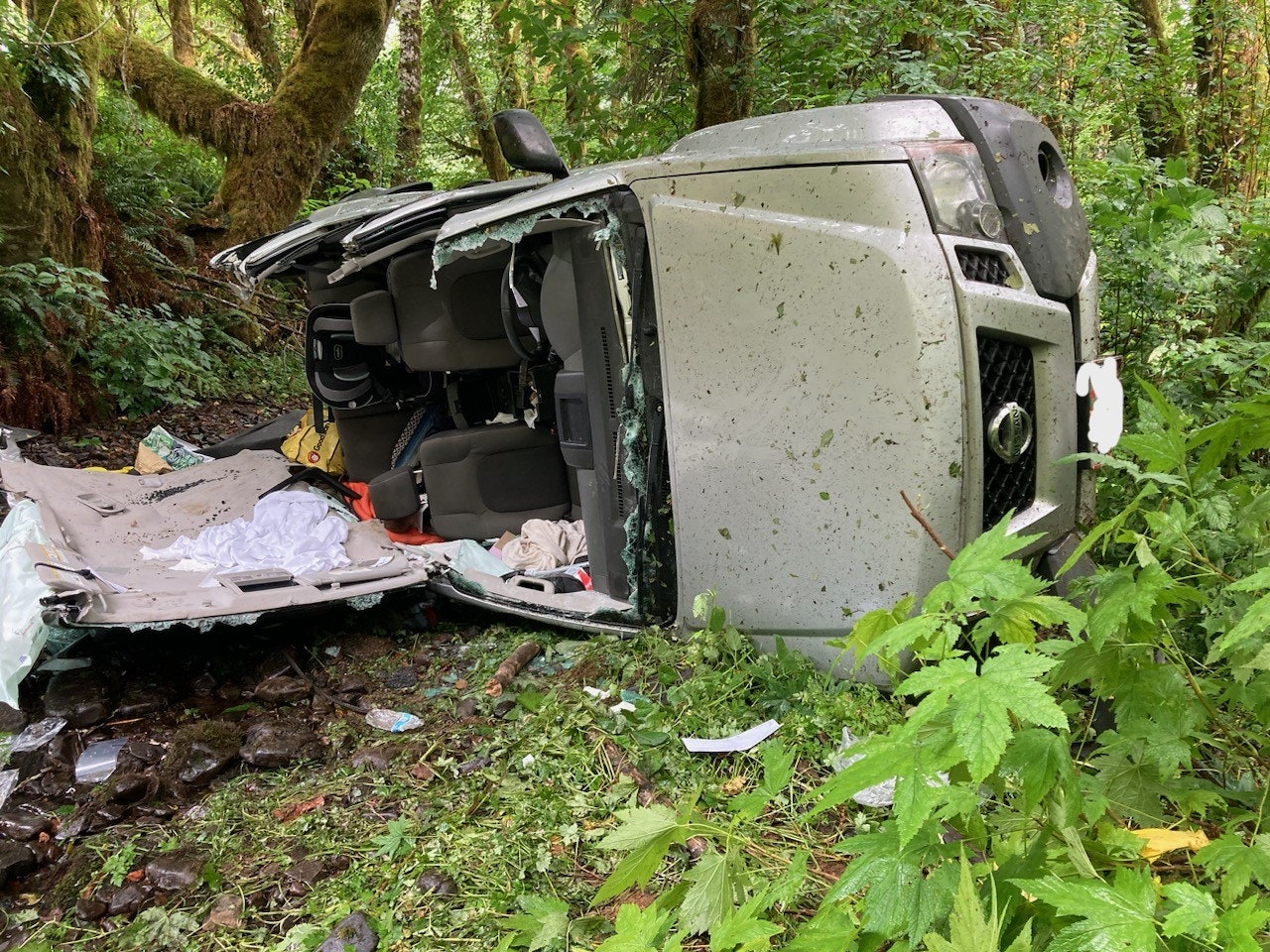 Overturned car amidst green foliage, appears to have been in an accident.