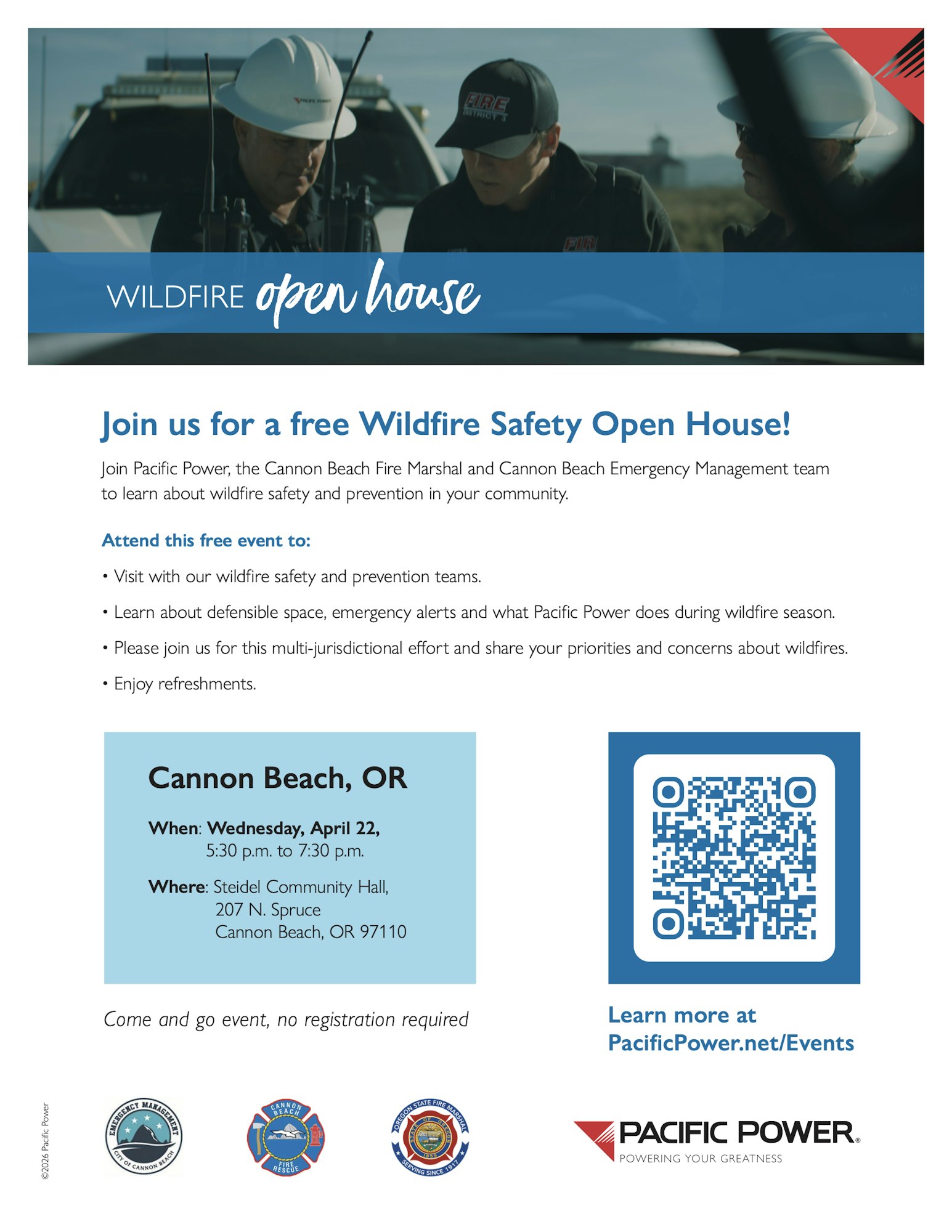 Free Wildfire Safety Open House in Cannon Beach, OR on April 22, 5:30-7:30 PM at Steidel Community Hall. No registration needed.