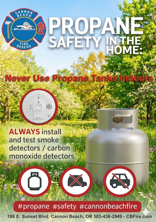 The image promotes propane safety, advising against indoor use of propane tanks and highlighting smoke/carbon monoxide detector installation.