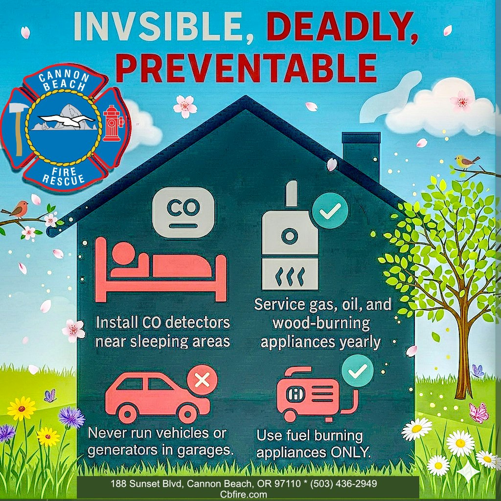 Safety tips on preventing carbon monoxide poisoning: install detectors, service appliances, and never run vehicles in garages.