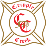The image features a logo for Cripple Creek, likely related to a fire department or organization, featuring stylized letters and a badge design.