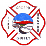 The image features a firefighting emblem with "SPCFPD," "FIRE," "RESCUE," and "GUFFEY," surrounded by a colorful landscape.