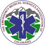 The image is a logo for the Emergency Medical Services Association of Colorado, featuring a star of life and mountainous background.