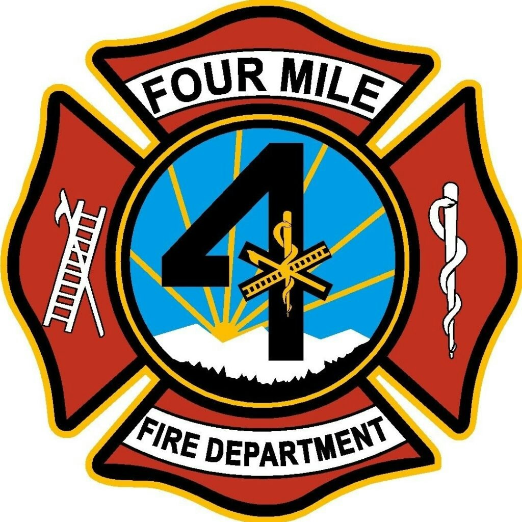 Image of the Four Mile Fire Department emblem featuring a blue background, number 4, and firefighting symbols.