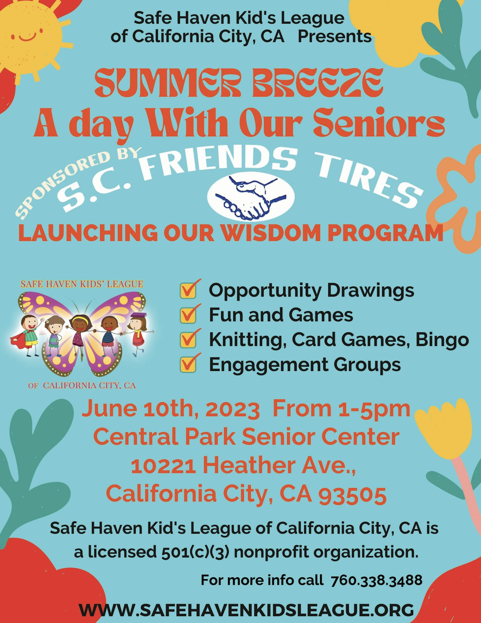 Event on June 10, 2023, for seniors at Central Park Senior Center, with activities like games, knitting, and opportunity drawings.
