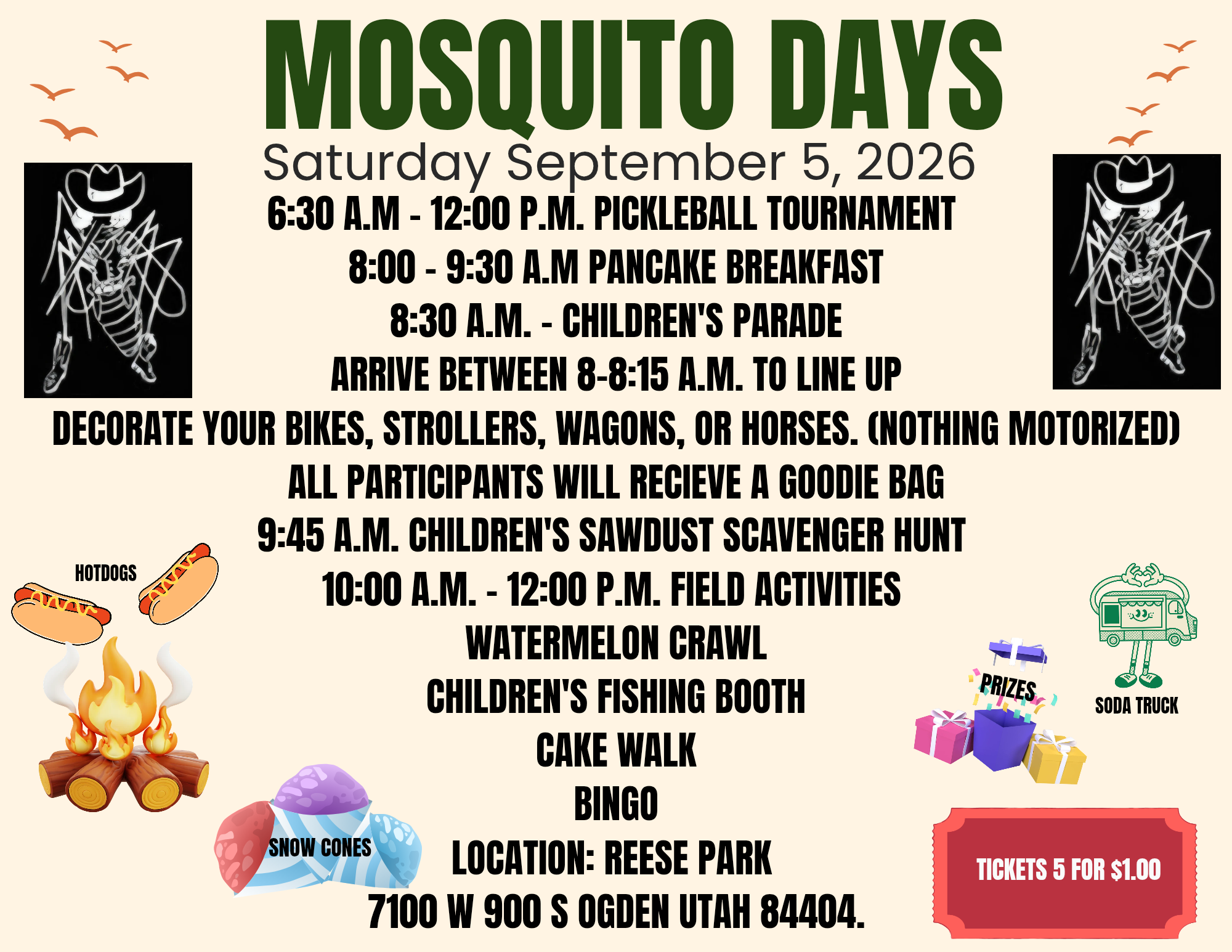The image promotes "Mosquito Days" on September 5, 2026, featuring events like a pickleball tournament, pancake breakfast, and children's activities.