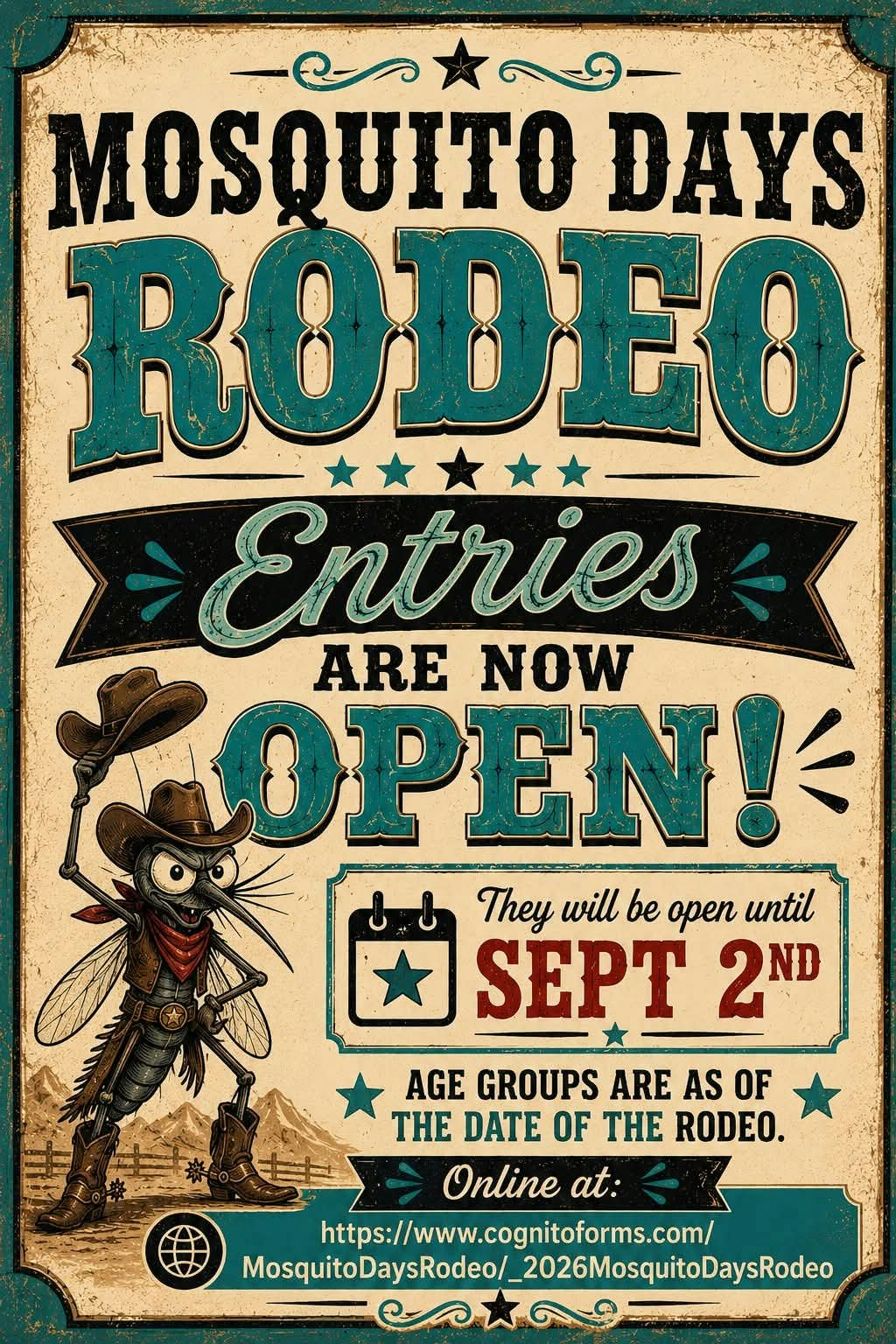 The image promotes the Mosquito Days Rodeo, announcing open entries until September 2nd. Age groups apply as of the rodeo date.