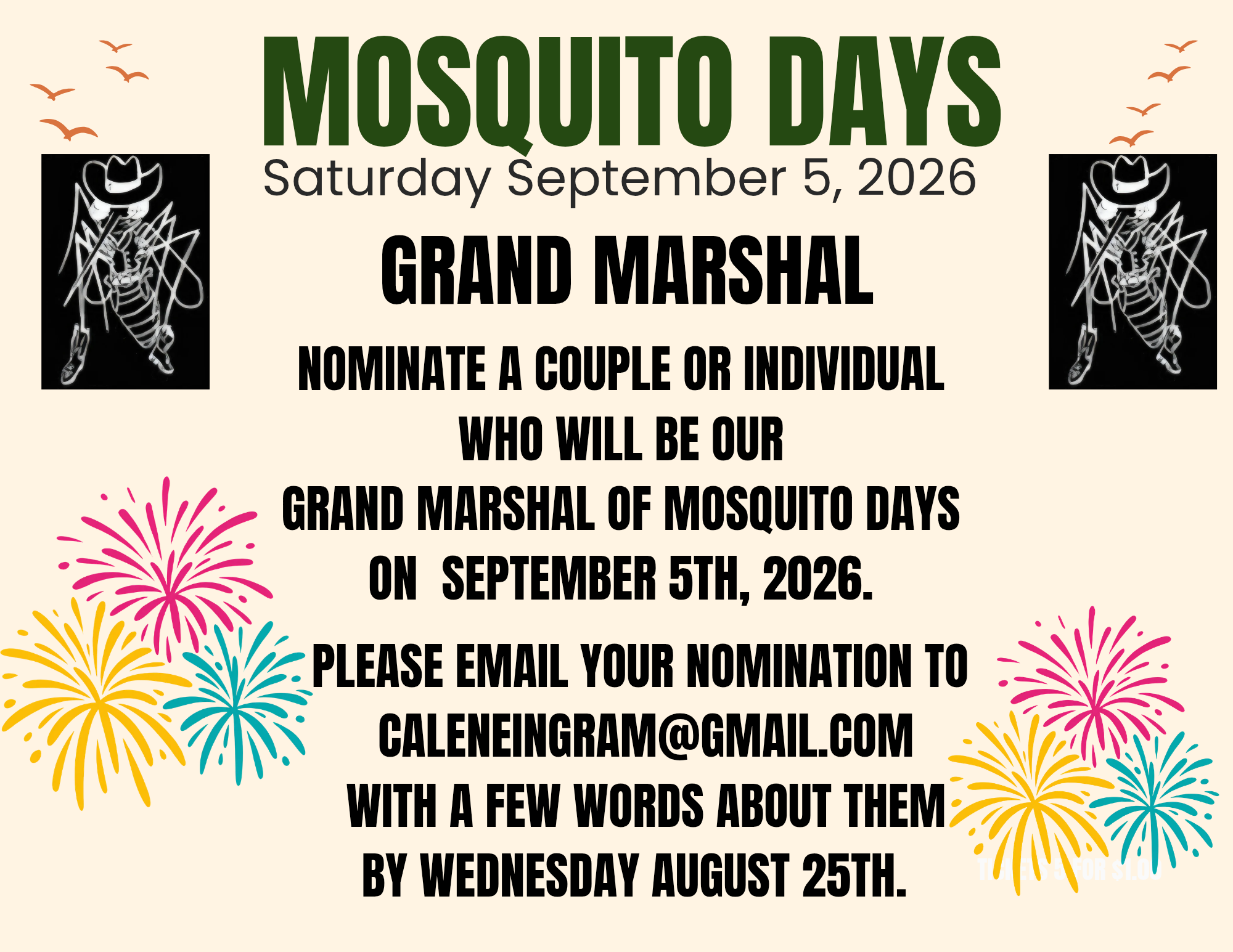Announcement for Mosquito Days on September 5, 2026. Nominations for Grand Marshal due by August 25 via email.