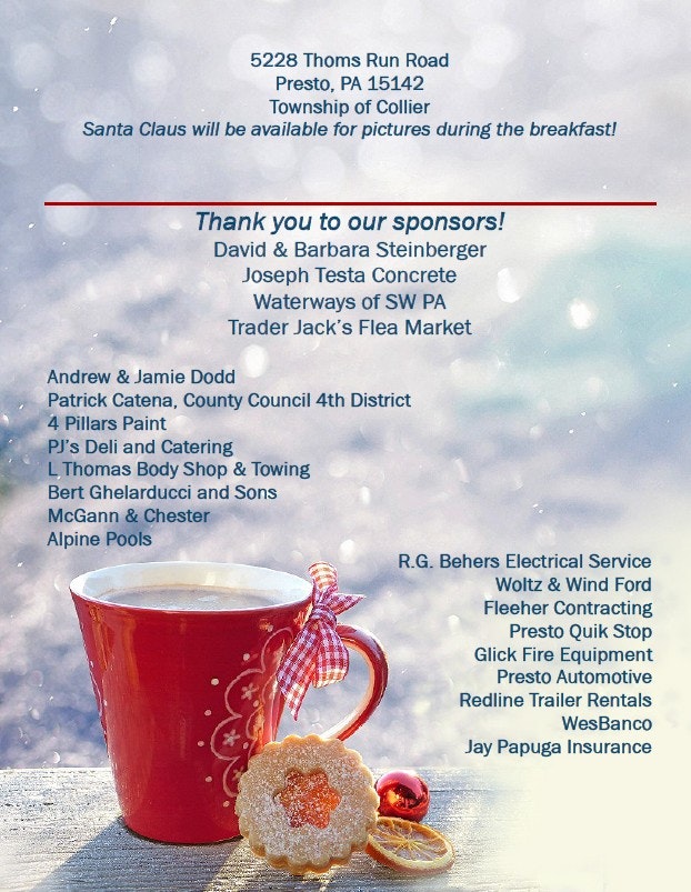 Event at 5228 Thoms Run Road, Presto, PA, featuring Santa pictures during breakfast. Lists sponsors supporting the event.