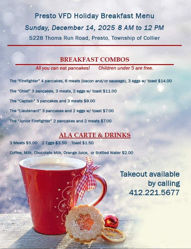 Presto VFD Holiday Breakfast on Dec 14, 2025, offers various pancake combos, ala carte items, and drinks. Takeout available!