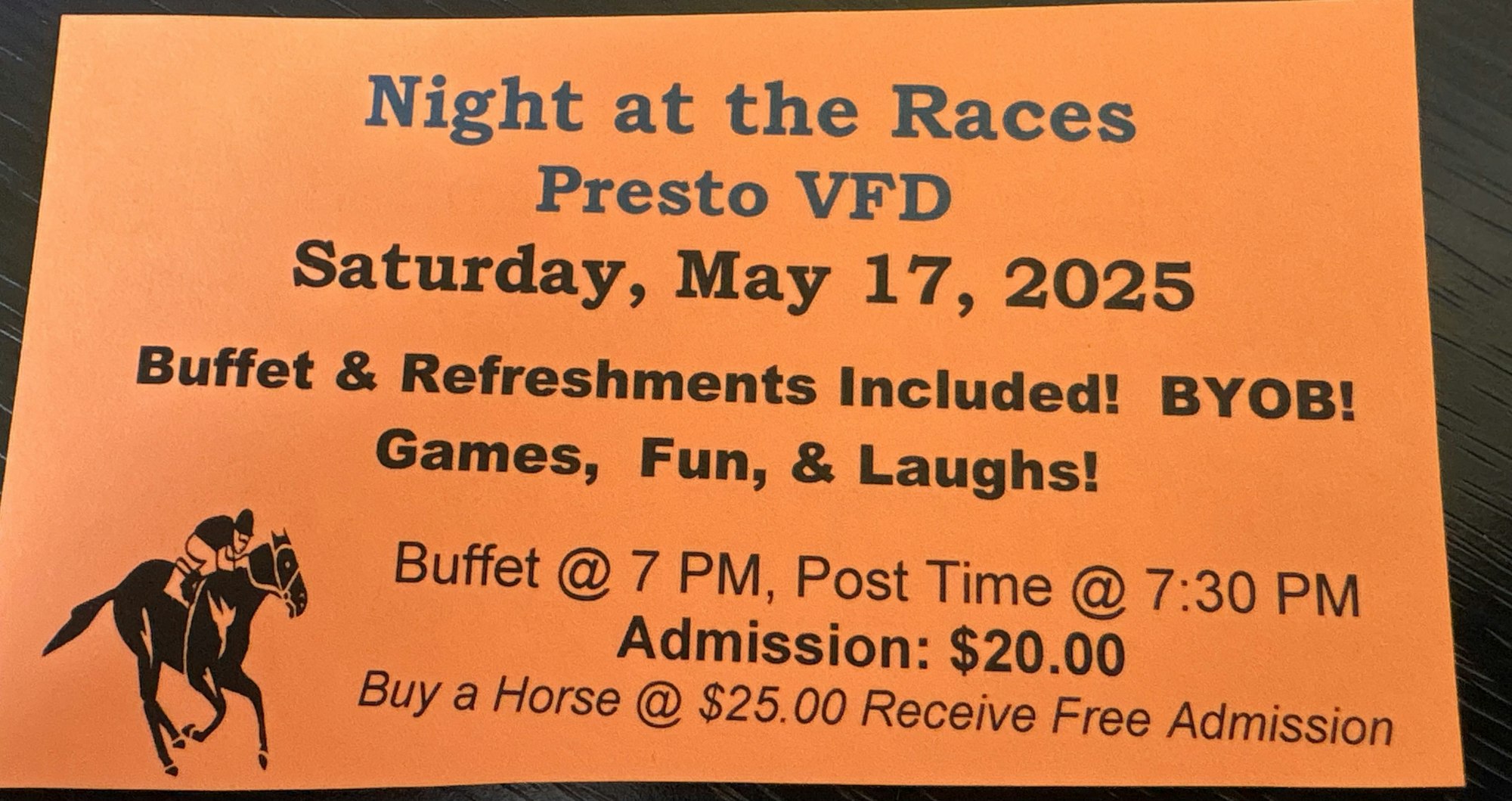 "Night at the Races" event on May 17, 2025, with buffet, games, and fun. Admission $20, buy a horse for free entry.