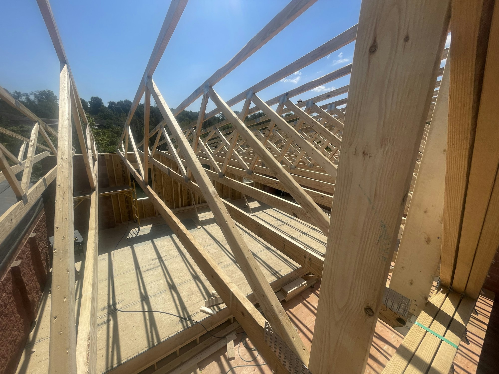 Wooden roof trusses at a construction site with clear skies.