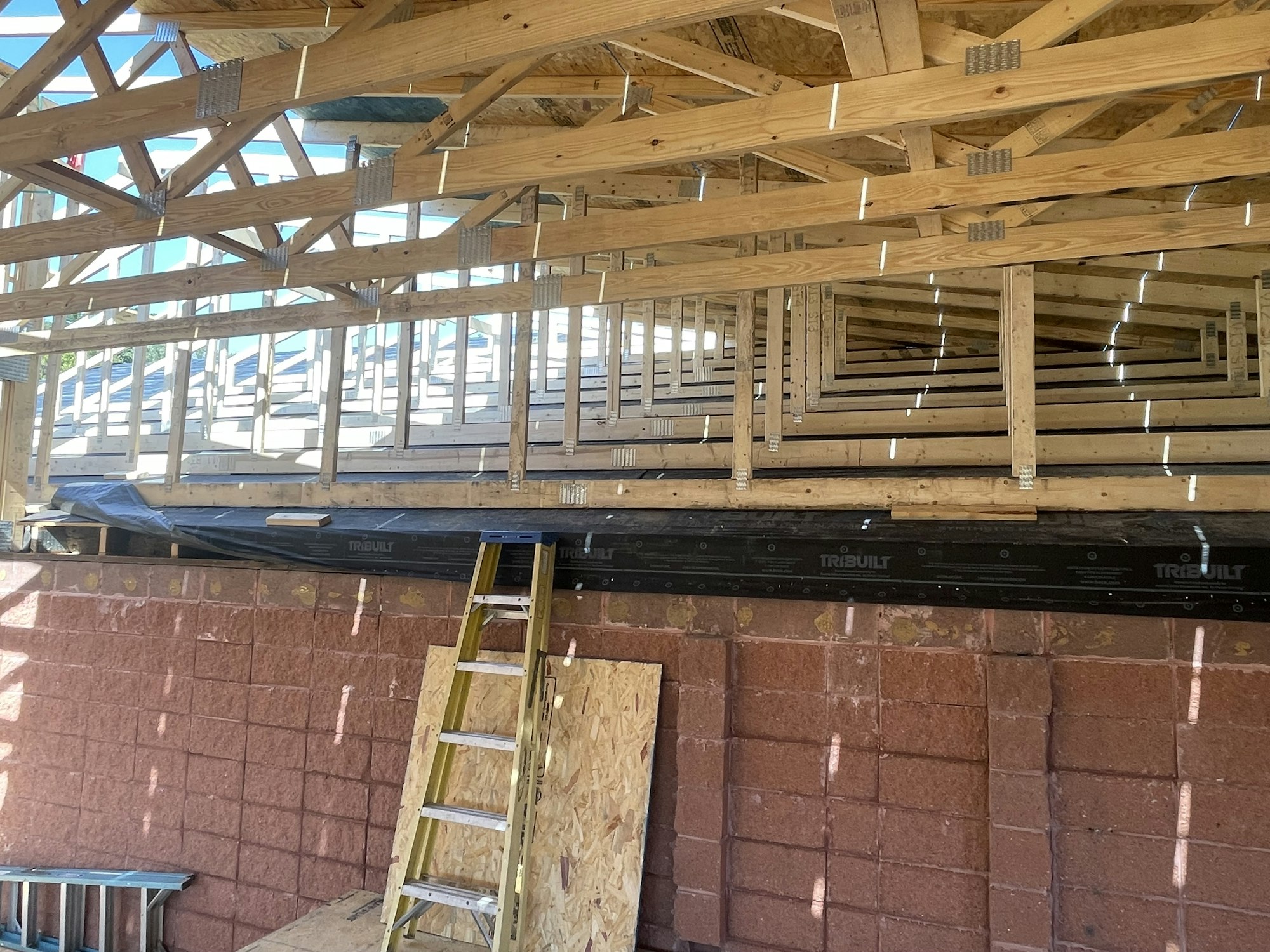 Wooden truss roof construction over brick walls with a ladder and scaffolding.